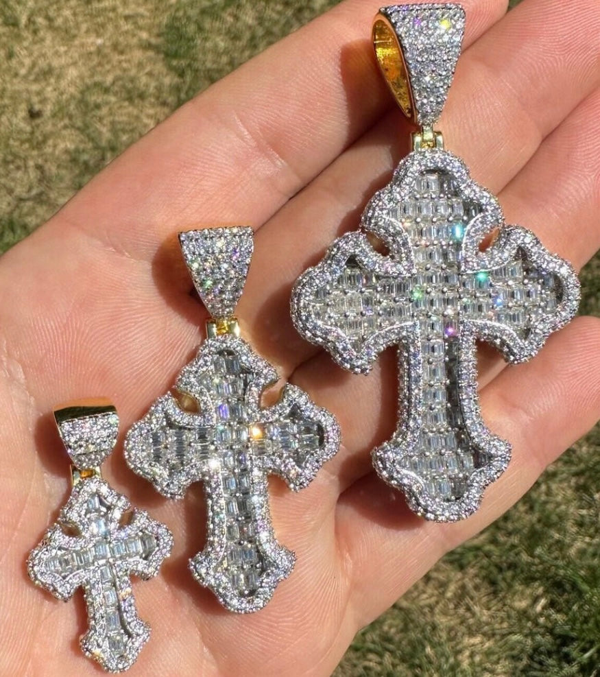 Moissanite 14k vermeil designer baguette  cross